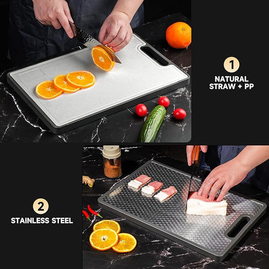 Double Sided Cutting Board, 1 PCS 316 Stainless Steel Cutting Boards for Kitchen, Food Grade, Scratch Resistant Mesh, Large Size 16.3"*10.5" (1 side 316 Stainless Steel Other side Wheat Straw PP)