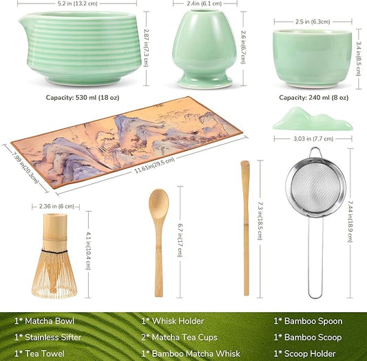 HELPLX Matcha Whisk Set, 10-Piece Japanese Matcha Kit with Bowl, Whisk & Holder, 2 Tea Cups, Bamboo Scoop, Spoon, Sifter, Scoop Rest & Tea Towel – Green Matcha Tea Set for Ceremony or Daily Use