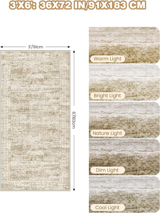 3x6 Runner Rug Non Slip, Thin Entryway Washable Rug for Entryway, Runners for Hallways, Low Pile Vintage Abstract Soft Rugs for Living Room, Kitchen, Bedroom(3'x6', Brown/Ivory)