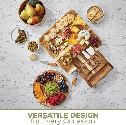 OOZi Charcuterie Board Set – Stainless Cheese Knives & Fruit Tray Included, Ideal for Birthday, Wine Nights, Housewarming & Christmas Gifts