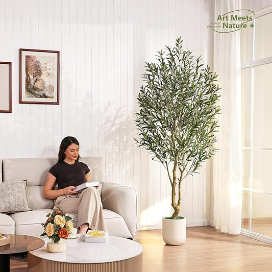 Artificial Olive Tree 7FT Tall, Faux Plants Indoor - Fake Plant with Lifelike Leaves,White Planter - Large Fake Olive Trees for Home Living Room Office Bedroom Floor Decor