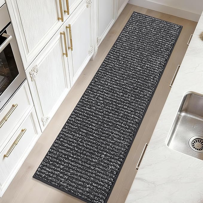 JSEI Kitchen Rugs and Mats, 2PCS Non-Slip Kitchen Mats for Floor, Machine Washable Absorbent and Stain Resistant Kitchen Runner, Carpet Mats with TPR Backing, 17''x30''+17''x60'', Charcoal