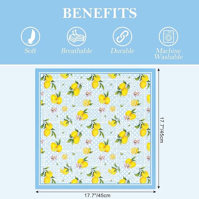 Summer Lemon Napkins, 18×18 Inch Floral Dinner Cloth Napkins Set of 4, Washable Cotton Soft Absorbent Square Napkins for Dining Kitchen Party Wedding Decoration
