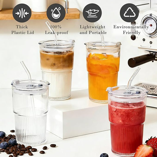 Ribbed 16oz Glass Cups with Lids and Straws Ribbed Drinking Glasses Cup Leak Proof Iced Coffee Glass Tumbler Set of 2 for Soda Smoothie Juice