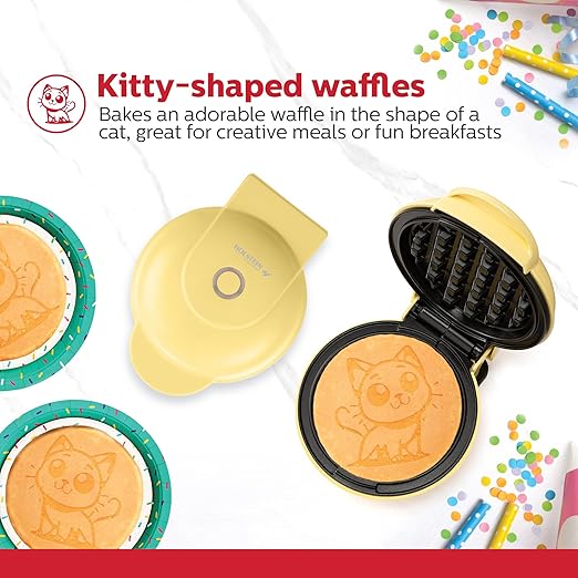 Holstein Housewares Kitty Waffle Maker – Cute Cat-Shaped, 4-Inch Yellow Mini Waffle Iron, Non-Stick, Fun Breakfast Appliance for Kids & Cat Lovers