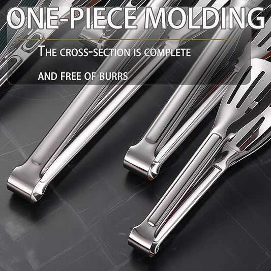 Stainless Steel Kitchen Tong Set - Anti-Slip Heat-Resistant Grip, Widened 3-Line Slotted Heads for Easy Clamping (Steaks, BBQ, Pasta, Salads), Easy Clean for Versatile Use Set of 3-6" 9" 11", Silver