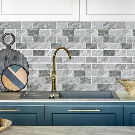 URCOLOR 10-Sheet Stick on Backsplash for Kitchen,12"x12" Peel and Stick Self Adhesive Wall Tiles Back Splashes for Bathroom Light Gray Marble Look