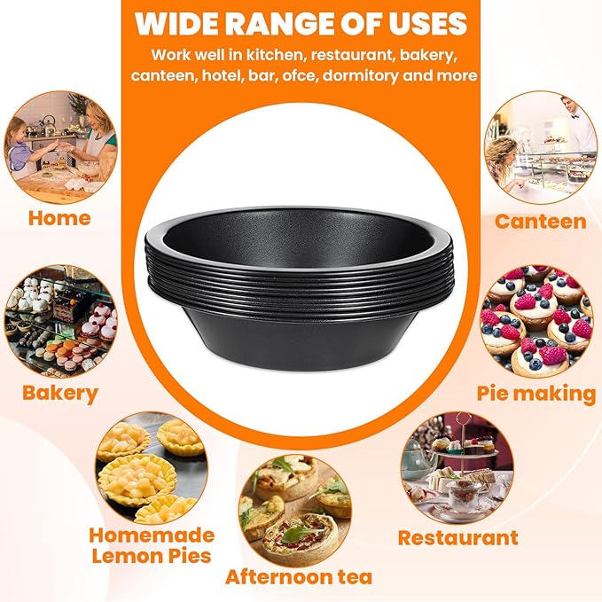 HOFURME 10 Pieces 4 Inch Small Pie Pan Mini Black Pot Pie Tins Round Tart Pans for Baking Carbon Steel Pizza Nonstick Plate Bakeware Set Oven Air Fryer Cake Bread Meat Dessert