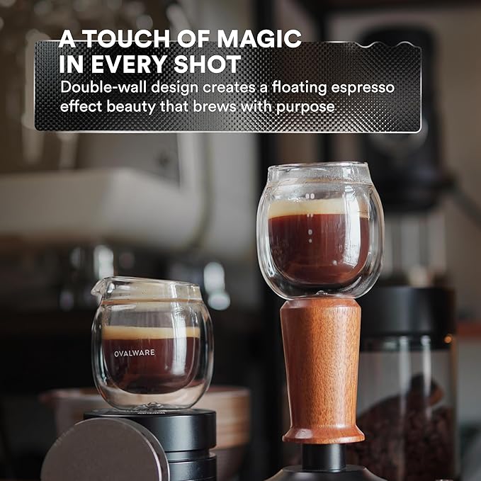 ovalware Espresso Pouring Glass Set of 2 | Double-Wall 2.7oz/80ml Shot Measuring Cup | Heat Protective Comfort | Oval Measurement Dots for Ristretto and Espresso | Drip-Free Precision Spout