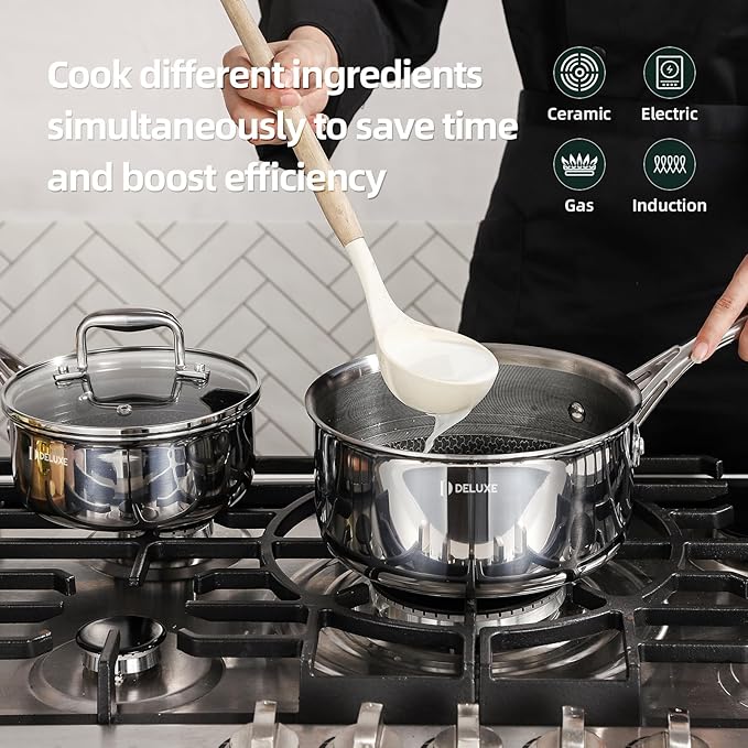 DELUXE Hybrid Nonstick 6 PCS Pot Set, 1.3, 3&5.4-Quart Pot with Tempered Glass Lid, Stainless Steel Cookware Pots with Stay-Cool Handle, Dishwasher Safe, Compatible with All Cooktops