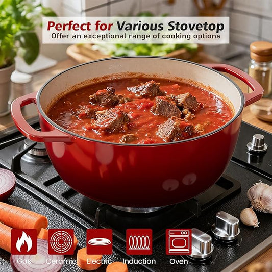 Umite Chef 6QT Enameled Cast Iron Dutch Oven with Lid, Versatile Heavy-Duty Cookware Pot for Baking Bread, Braising, Soups & Stews, Oven & Stovetop Safe with Heat Resistant Gloves(Red)