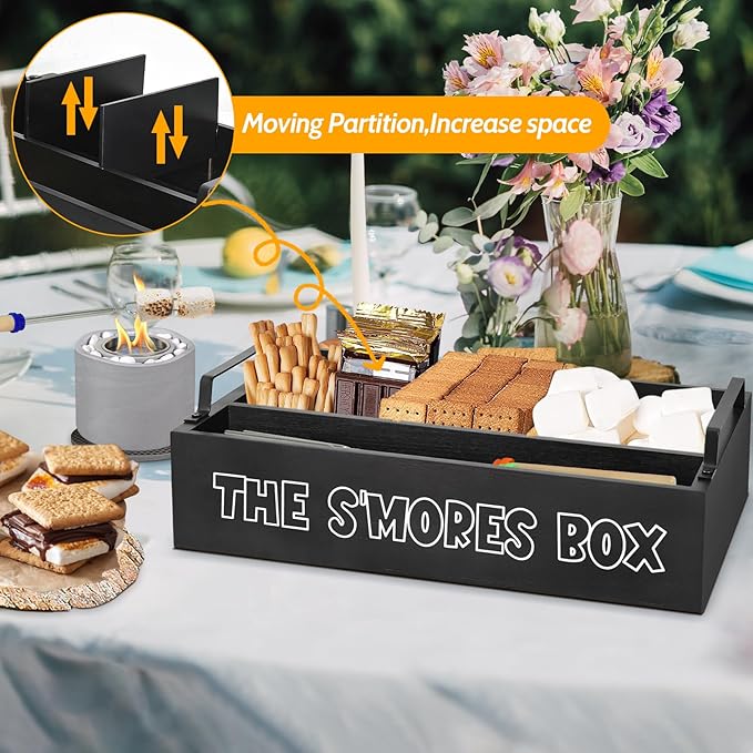 S'Mores Station with Handles, Wooden S'Mores Caddy Bar Holder with 4 Roasting Sticks, Farmhouse Smores Tray for Smores Kit for Fire Pit, Smores Maker Tabletop Indoor Kit for S'Mores Kit