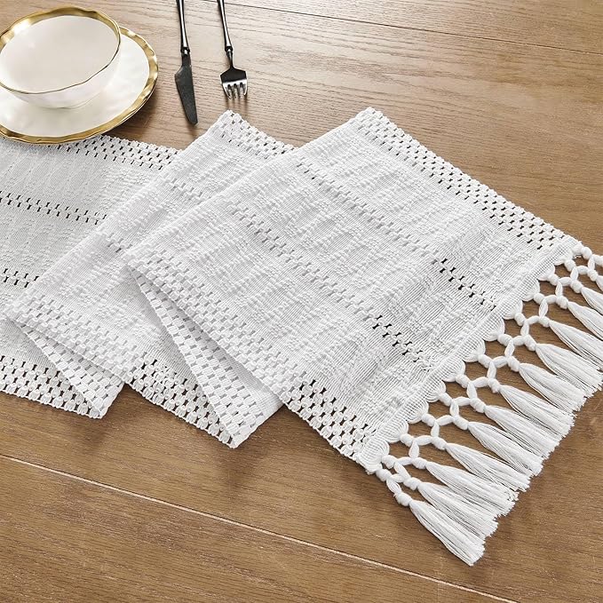 ZeeMart Macrame Style Boho Table Runner, White Table Runners 60 Inches Long, Farmhouse Woven Home Decor, 12x60 Inch, White
