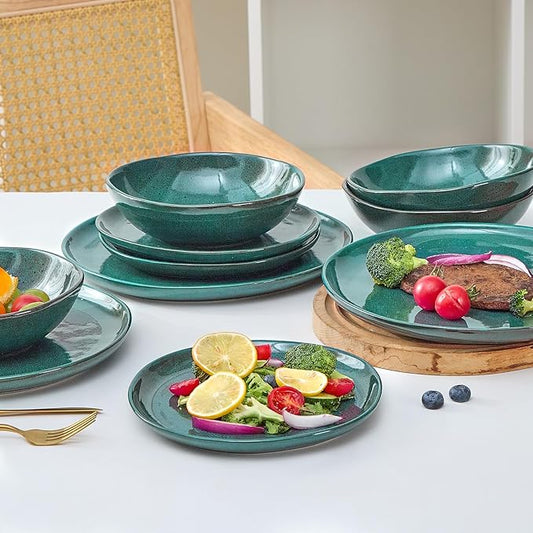 Bestone 12 Pieces Round Kitchen Dinnerware Sets,Plates and Bowls Sets,Dishes, Plates, Bowls, Dish Set, Chip Resistant Ceramic Dinnerware Set, Dishwasher/Microwave Safe,Service for 4,Ceylon Green