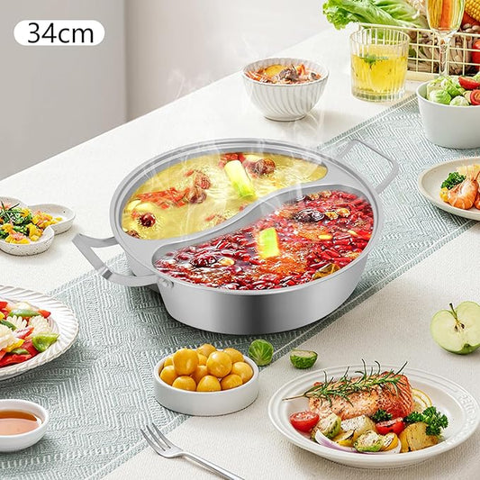 Double-flavor Hot Pot, Stainless Steel Soup Cookware with Divider & Clear Lid, for Induction Cooktop, Gas Stove & Hot Burner Shabu Pot with Cooking Pot for Family Gathering Home Camping Party (12.8in)