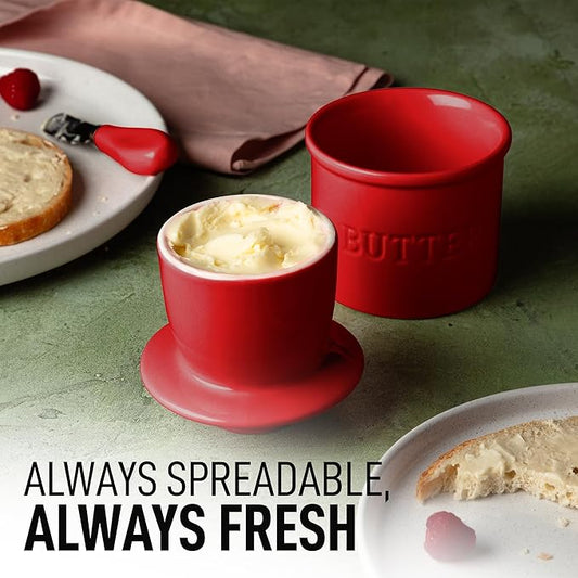 Zulay Kitchen Bell Shaped Butter Crock with Lid for Countertop with Water Line & Spreader Knife, Ceramic French Butter Dish Keeper For Fresh, Soft & Spreadable Butter - Red