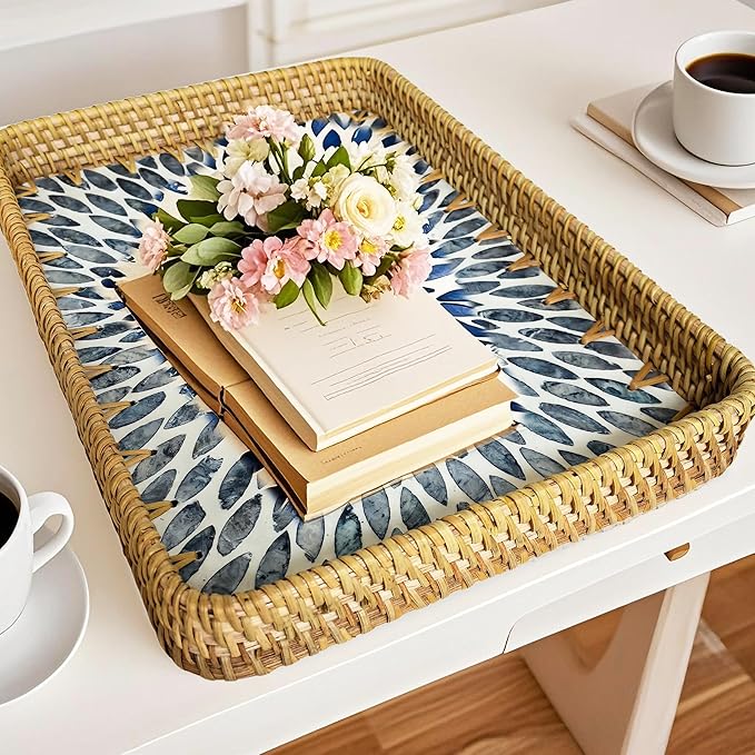 Boho Decorative Serving Trays Set of 2, Wicker Rectangle Trays with Mother of Pearl Inlay for Counter Top, Coffee Table Decor, Farmhouse Vanity Tray and Home Organization