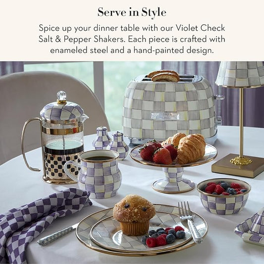 MACKENZIE-CHILDS Enamel Salt and Pepper Shakers, Kitchen Table Accessories, Purple-and-White Violet Check