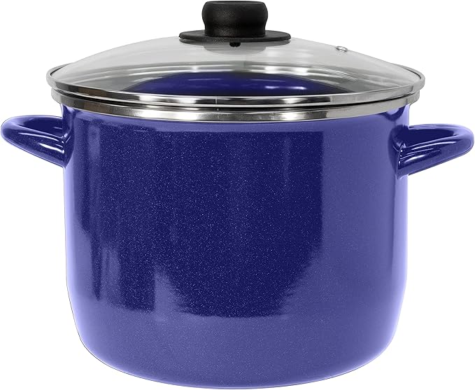 EKCO EOS 8-Quarts Alloy Steel Speckled Stockpot with Glass Lid - Dishwasher and Oven Safe Cooking Pot up to 350ยฐF - Induction Cookware for All Cooktops - Non-Reactive Enameled Soup Pot - Blue