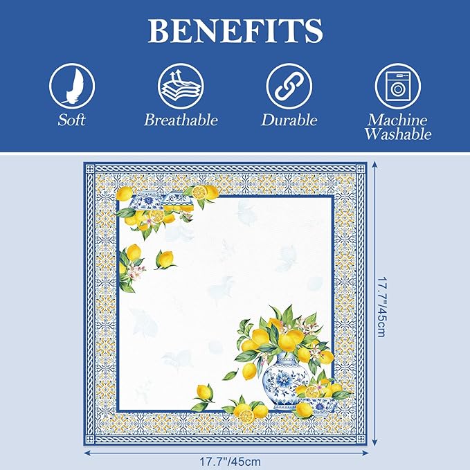 Lemon Napkins, 18×18 Inch Yellow Blue Dinner Cloth Napkins Set of 6, Washable Cotton Soft Absorbent Square Napkins for Dining Kitchen Party Wedding Decoration