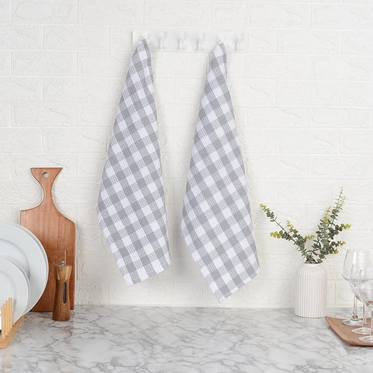 Blue Needles Waffle Weave Check Plaid Kitchen Towels, 15x25 Inches 100% Cotton Set of 6 Dish Towels for Kitchen, Soft & Absorbent for Quick Drying with Hanging Loop Spring Summer - Ash Grey & White