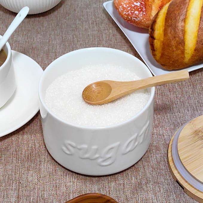 Sugar Bowl with Lid and Spoon, 16 OZ Airtight Sugar Container for Coffee Bar, Farmhouse Ceramic Jar, Sugar Holder Coffee Bar Accessories for Countertop, White
