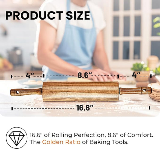 KARRYOUNG Acacia Wood Rolling Pin for Baking, Kitchen Dough Roller With Handles, Rodillo Para Masa, Rolling Pin for Dough, Pizza,Bread, Fondant & Tortilla