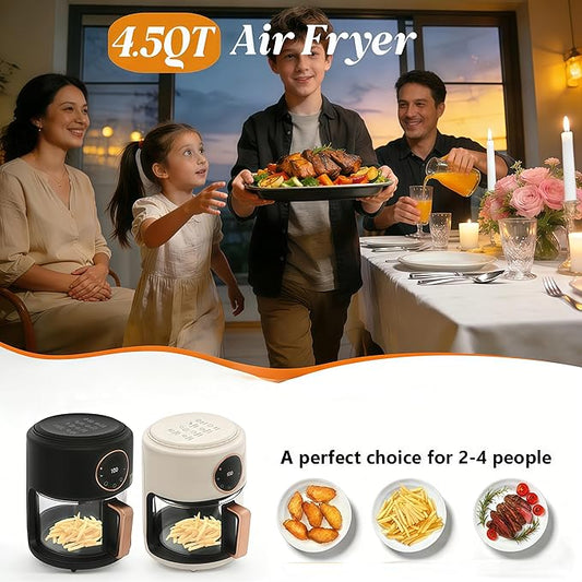 Glass Air Fryer - 4.5 Qt Transparent Viewing Pot with 8-in-1 Preset Cook Modes, 1200W Power & Precise Temp Control, Countertop Convection Oven for Healthy, Oil-Free Cooking (White)
