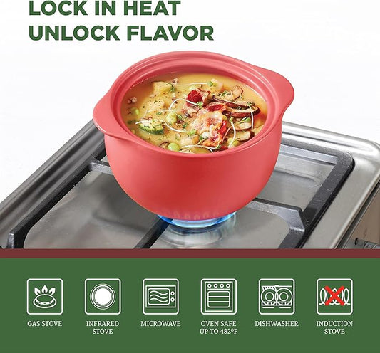 MINH LONG 3-Qt Porcelain Dutch Oven with Lid – Lead & Cadmium Free, Oven Safe to 482°F, Heat Retention, Clay Pot for Cooking on Gas & Infrared Cooktop, Use to Marinate, Cook, Bake, Refrigerate & Serve
