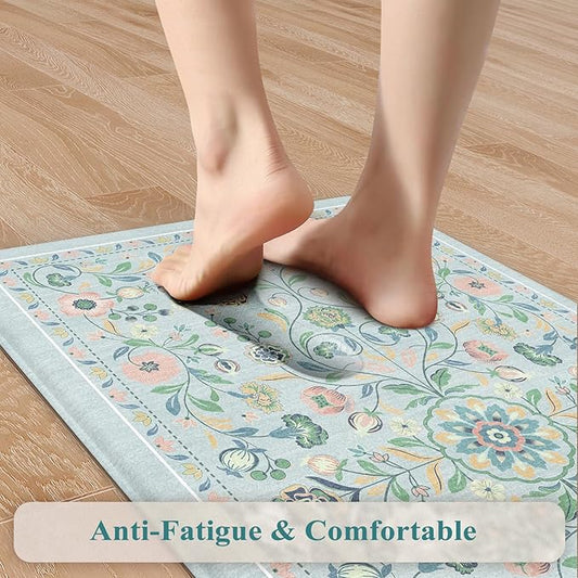 KIMODE Anti Fatigue Kitchen Mats for Floor Cushioned,Boho Floral Kitchen Rugs Sets of 2 Non Slip,Wide Memory Foam Kitchen Floor Mat for Laundry Sink Bathroom Office,Blue 20" x 47"+20" x 32"