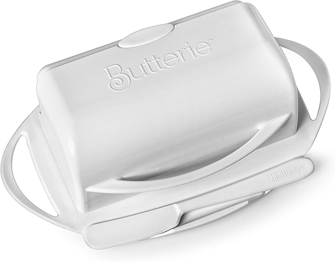 Butterie Flip-Top Butter Dish with Lid & Matching Knife, Holds 2 Sticks/European Butter, No-Mess Butter Holder, Shatterproof, Dishwasher Safe, White