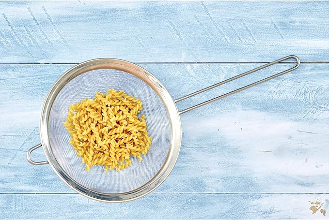 HIC Kitchen Fine Mesh Strainer With Helper Handle, 18/8 Stainless Steel, 7-Inch, For Sifting, Straining, And Draining Pasta, Stocks, Soups, And Sauces