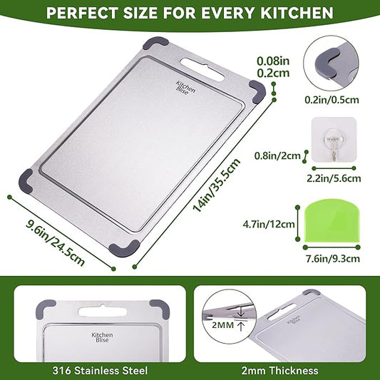 Stainless Steel Cutting Board, Double Sided Food Gradable Steel Cutting Boards for Kitchen with 2 Cleaning Scrapers, Metal Cutting Board with Grooves for Fruits (Large)