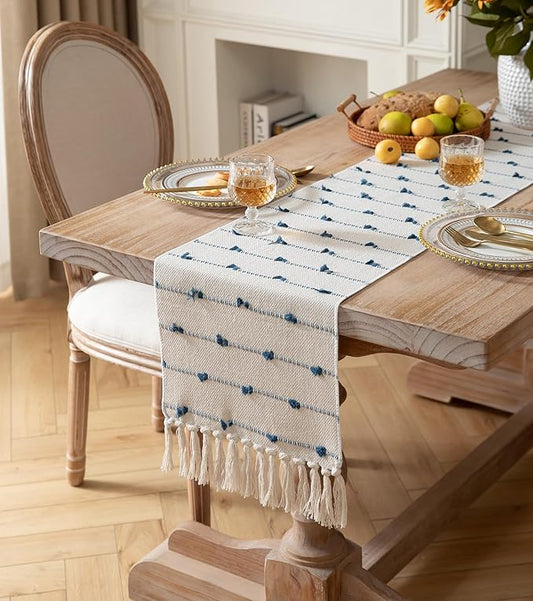 Caflife Boho Table Runner 90 Inchs Long for Modern Farmhouse Room Home Decor, Blue and Beige Coffee Table Runner, Natural Cotton Woven with Tassels Neutral, for Kitchen Dining Table Decor