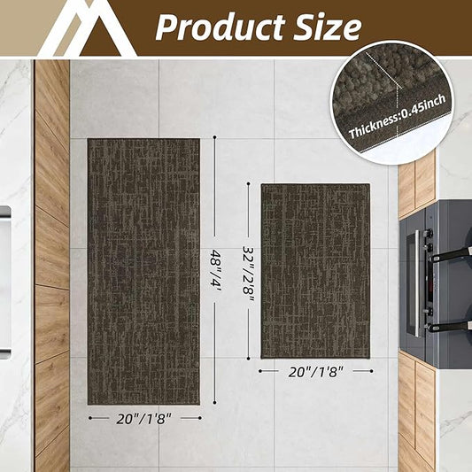 COSY HOMEER Kitchen Rugs 20"x32"+20"x48",Absorbent Soft Kitchen Mats for Floor,Non Slip Kitchen Runner Rug,Washable Kitchen Floor Mats for Sink Mat,Hallway,Laundry,Brown