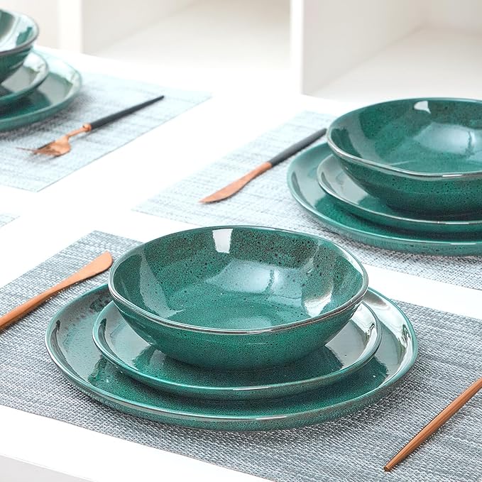 Bestone 12 Pieces Round Kitchen Dinnerware Sets,Plates and Bowls Sets,Dishes, Plates, Bowls, Dish Set, Chip Resistant Ceramic Dinnerware Set, Dishwasher/Microwave Safe,Service for 4,Ceylon Green