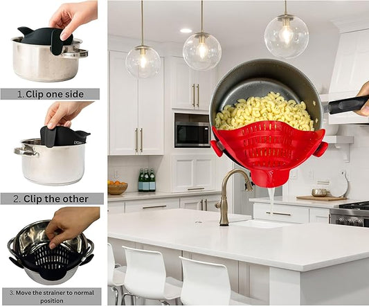Clip on Strainer Silicone for All Pots and Pans, Colander, Pot Strainer for Pasta, Meat, Vegetables, Space Saving Design, Food-Safe with Collapsible Funnel, Garlic Peeler, 3 Pack (Red)