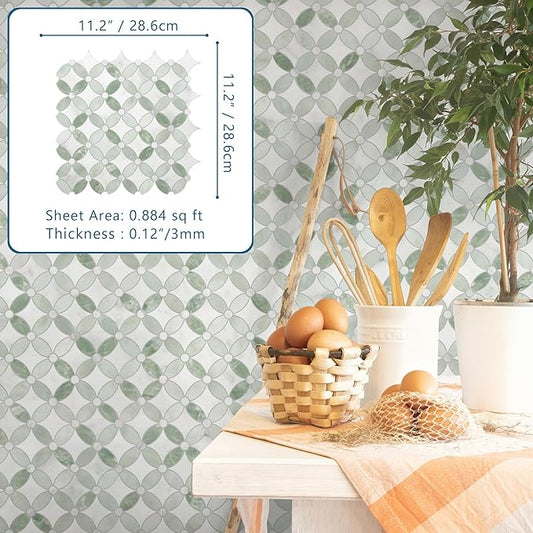 SUNWINGS 10-Sheet Peel and Stick Backsplash Coin Waterjet Tile, 11.2" x 11.2" Green Marble Looks Self Adhesive Wall Tile Stick on Backsplash for Kitchen, Bathroom, Fireplace, Shower