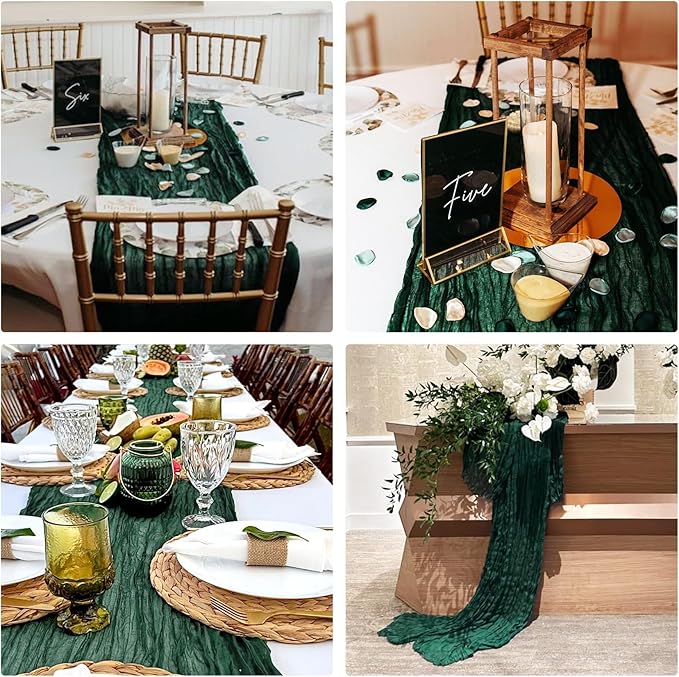 10 Pack Dark Green Cheesecloth Table Runner 10FT Boho Gauze Fabric Table Runner Vintage Rustic Sheer Runners for Wedding Party Bridal Baby Shower Long Table Decorations