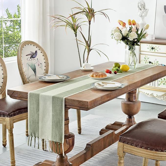 Wracra Linen Table Runner, Farmhouse Macrame Table Runners 36 Inches Long for Dining Table Decor, Wedding, Party and Dresser Decor (Sage Green,36")