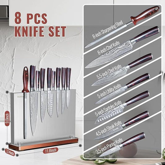 8-Pieces Kitchen Knife Set - High Carbon Stainless Steel Magnetic Knife Block Set with Sharpener Sharp Knives Set for Cooking with Ergonomic Handle