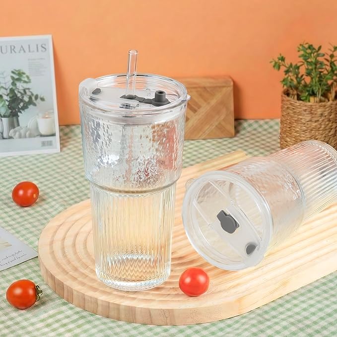 4PCS 20oz Glass Cups with Lids and Straws, Iced Coffee Cups with Lids, Stylish Ribbed Thick Drinking Glasses Tumbler for Juice, Smoothies, Cold Beverages, Cute Cup Gifts with Clean Brush