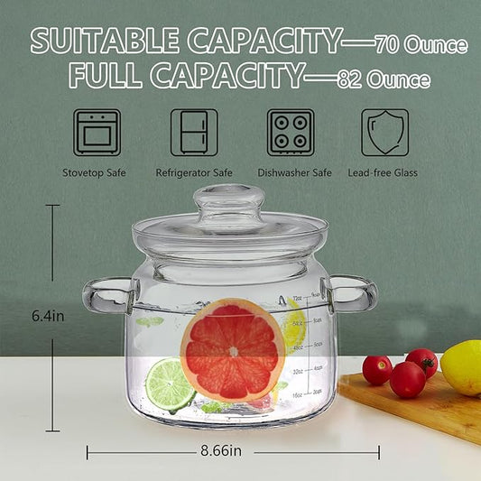 Jjojcll 2.3L(75oz) Glass Cooking Pot with Lid,Handmade Borosilicate Glass Stockpot with Graduations - Glass Saucepan with Cover for Cooking and Serving