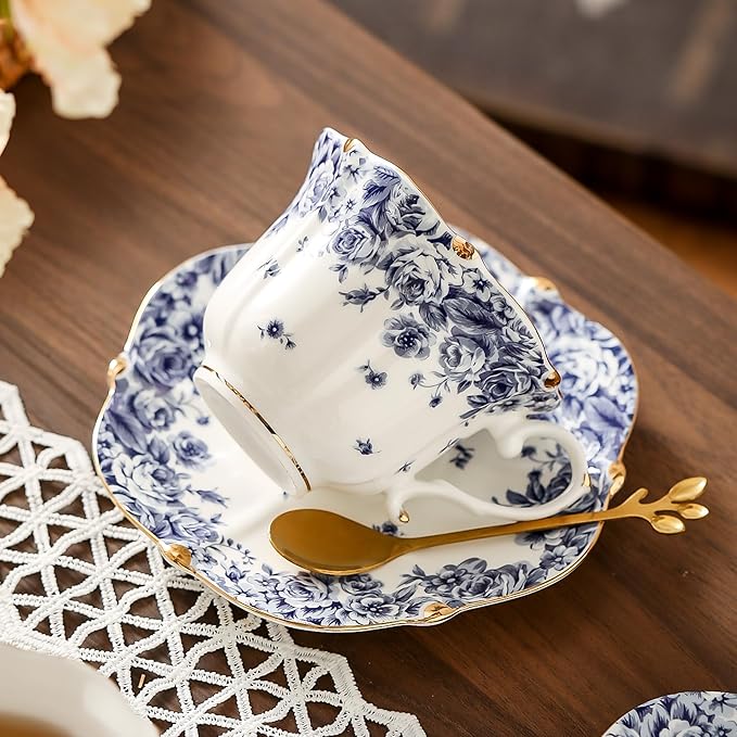 TATSUMI Country Roses Bone China Tea Cup and Saucer Set, 6 Pieces, Vintage Style, For Women and Tea Parties(sky blue,2 sets)