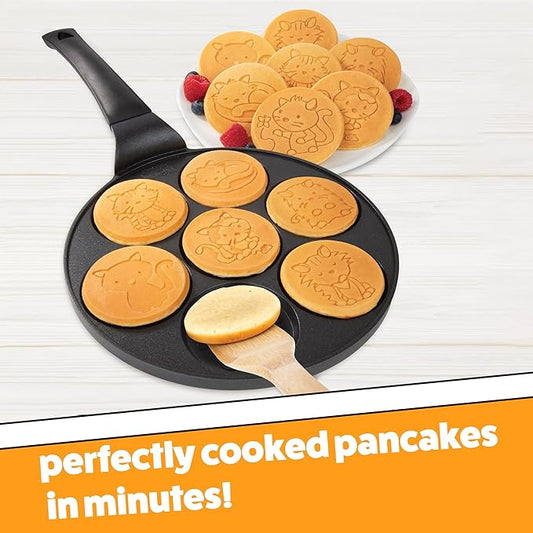 Kitty Friends Mini Pancake Pan - Make 7 Unique Flapjack Cat Designs, Nonstick Pan Cake Maker Griddle w Long Handle for Breakfast Animal Kitten Fun- Easy Cleanup, Fun Kids Gift or Party Dessert Treat