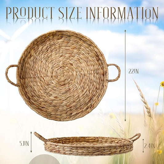 Round Woven Hyacinth Serving Tray with Handles Rattan Decorative Storage Basket for Fruit Arts Crafts Breakfast Coffee Table Dining, 1.97 x 21.65 Inches
