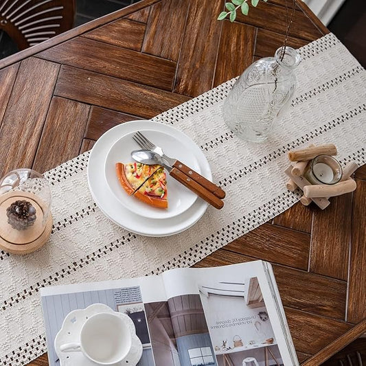 Alynsehom Macrame Table Runner Cream Beige Boho Table Runners with Tassels Hand Woven Cotton Table Runner Rustic Farmhouse Table Runners for Bohemian Kitchen Dining Table(12x48in)