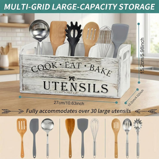 Farmhouse Kitchen Utensil Holder for Countertop, Distressed White Wooden Cooking Utensil Organizer with 3 Compartments & Handles, Rustic Extra Large Crock Space Saver for Spatulas & Spoons