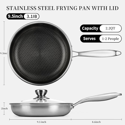 CADIVIZZO Stainless Steel Frying Pan with Lid - 9.5 Inch Nonstick Frying Pan with Lid, Honeycomb Stainless Steel Skillet Omelet Chef's Pan with Stay Cool Handle, Induction Compatible, PFOA Free