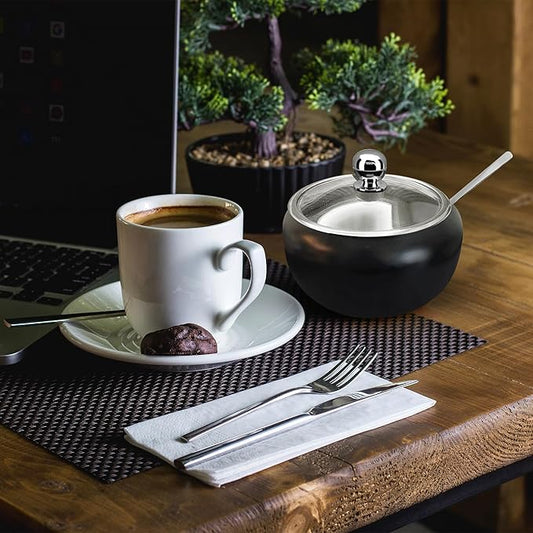 Sugar Bowl with Lid and Spoon | 12oz Sugar Container for Coffee Bar | Stainless Steel Holder Jar for Salt, Tea, Candy, Sugar Cube, Brown Sugar, Ghee | Kitchen Countertop Storage Accessories | 350ml